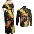 Melbourne Horse Racing Couples Matching Off Shoulder Maxi Dress and Long Sleeve Button Shirt Yellow Roses - Ready Set Gallop! LT14