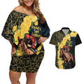 Melbourne Horse Racing Couples Matching Off Shoulder Short Dress and Hawaiian Shirt Yellow Roses - Ready Set Gallop! LT14