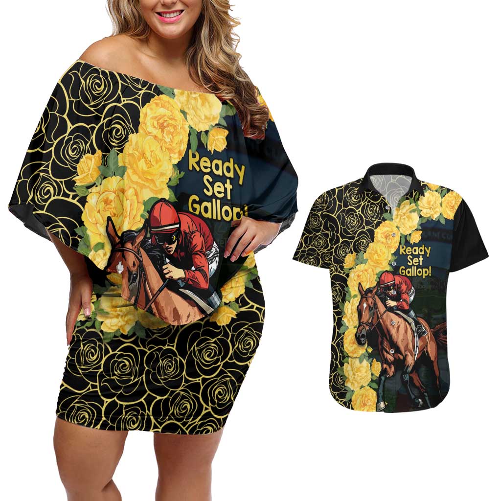 Melbourne Horse Racing Couples Matching Off Shoulder Short Dress and Hawaiian Shirt Yellow Roses - Ready Set Gallop! LT14