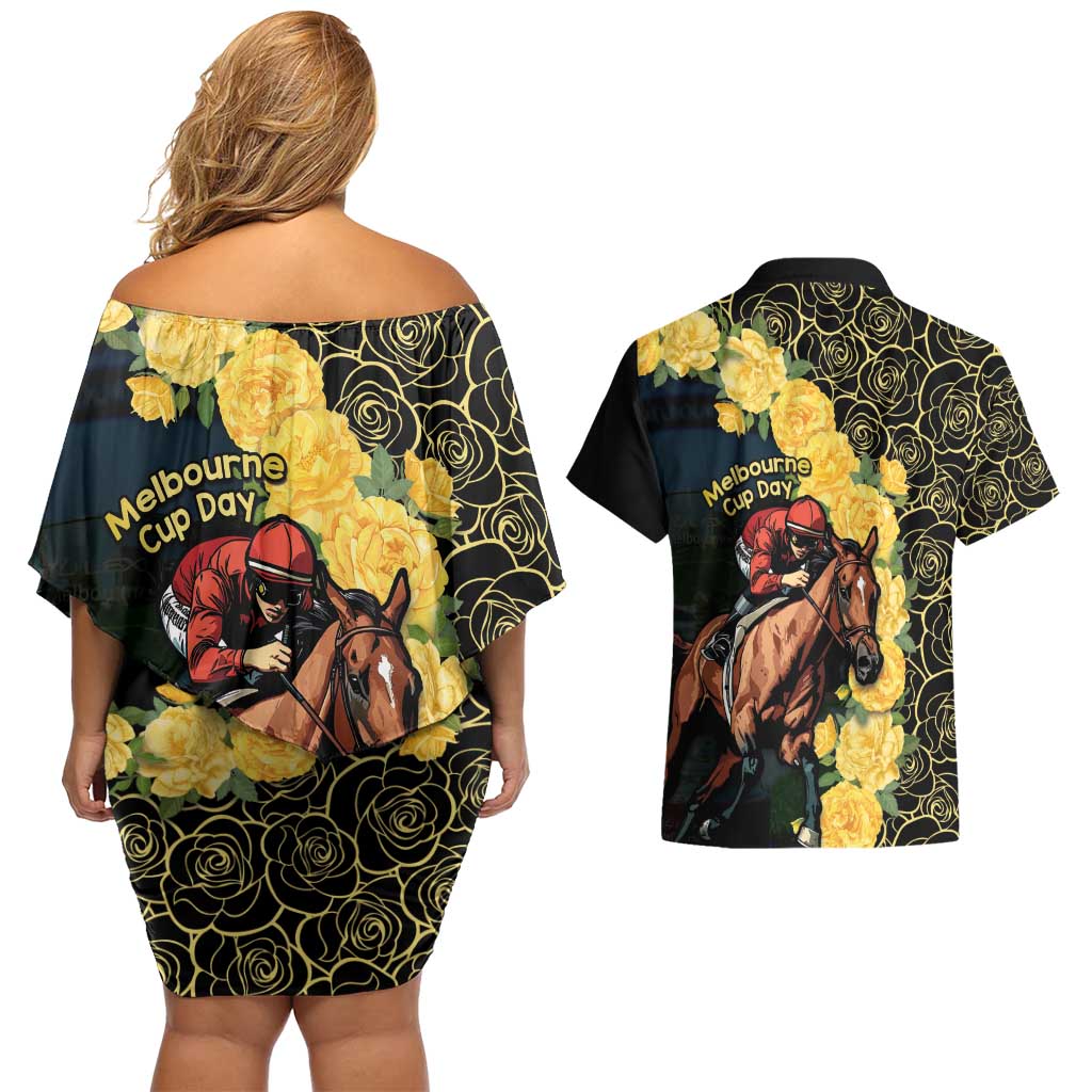 Melbourne Horse Racing Couples Matching Off Shoulder Short Dress and Hawaiian Shirt Yellow Roses - Ready Set Gallop! LT14