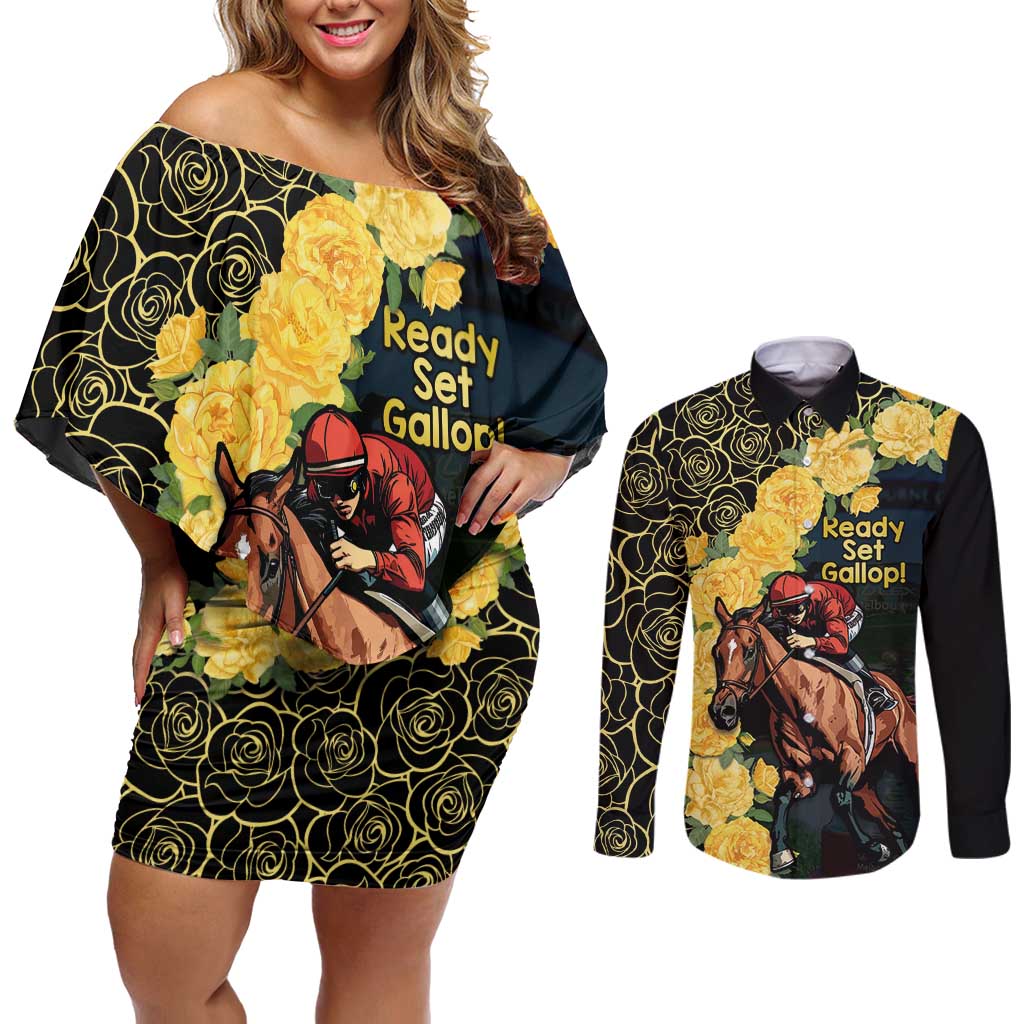 Melbourne Horse Racing Couples Matching Off Shoulder Short Dress and Long Sleeve Button Shirt Yellow Roses - Ready Set Gallop! LT14