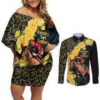 Melbourne Horse Racing Couples Matching Off Shoulder Short Dress and Long Sleeve Button Shirt Yellow Roses - Ready Set Gallop! LT14