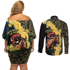 Melbourne Horse Racing Couples Matching Off Shoulder Short Dress and Long Sleeve Button Shirt Yellow Roses - Ready Set Gallop! LT14