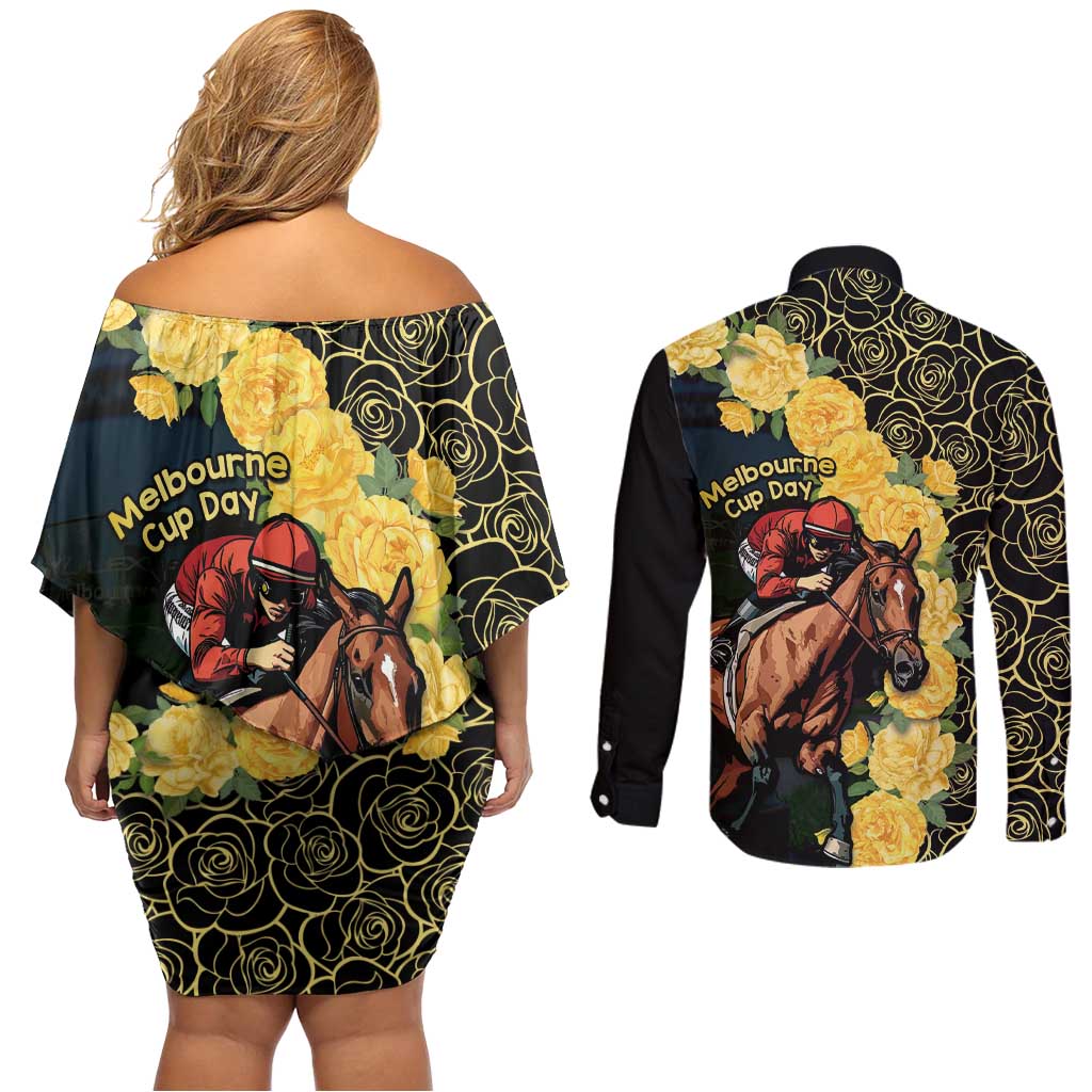 Melbourne Horse Racing Couples Matching Off Shoulder Short Dress and Long Sleeve Button Shirt Yellow Roses - Ready Set Gallop! LT14