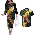 Melbourne Horse Racing Couples Matching Off The Shoulder Long Sleeve Dress and Hawaiian Shirt Yellow Roses - Ready Set Gallop! LT14