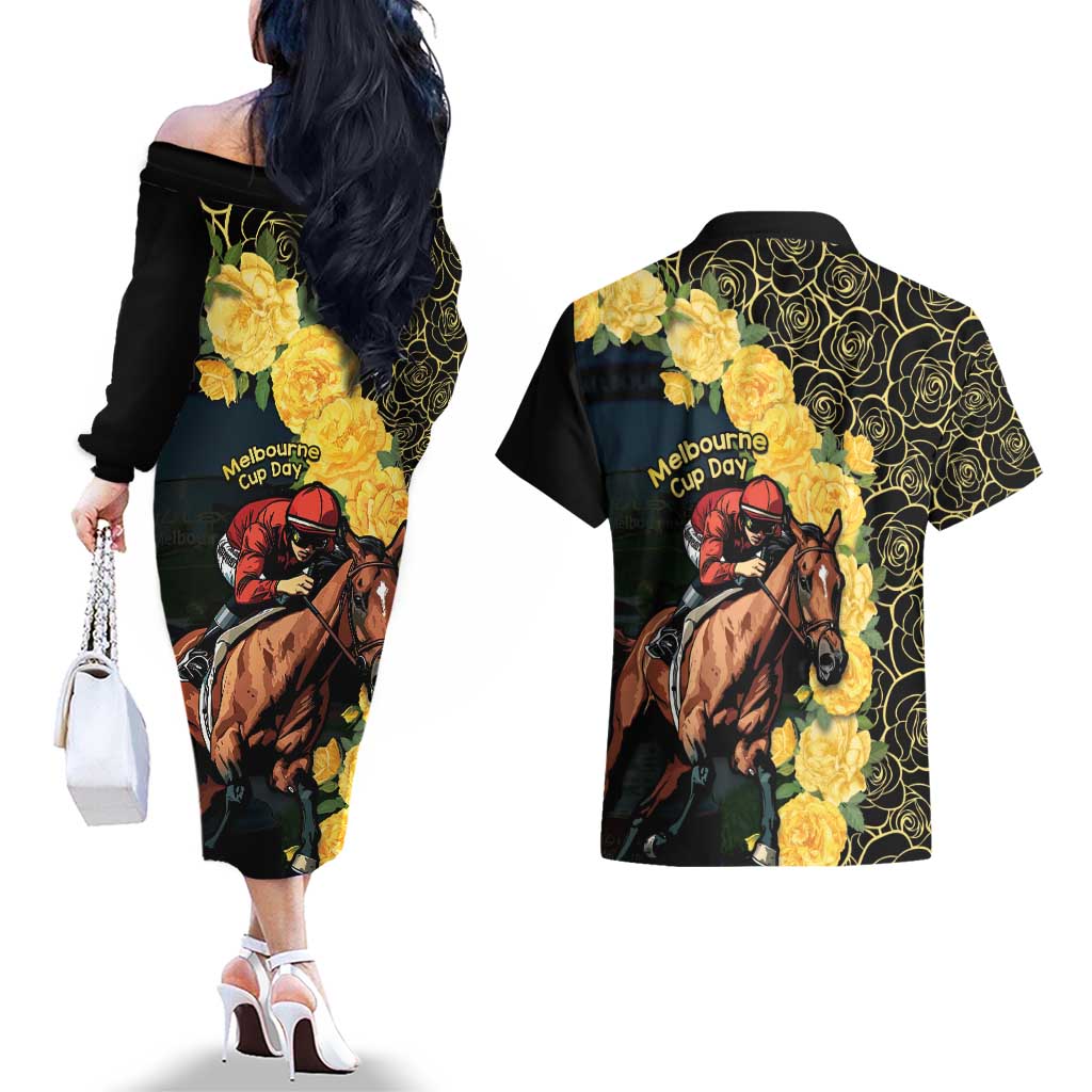 Melbourne Horse Racing Couples Matching Off The Shoulder Long Sleeve Dress and Hawaiian Shirt Yellow Roses - Ready Set Gallop! LT14