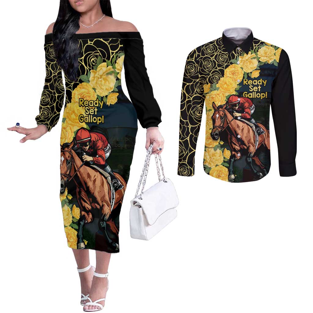 Melbourne Horse Racing Couples Matching Off The Shoulder Long Sleeve Dress and Long Sleeve Button Shirt Yellow Roses - Ready Set Gallop! LT14