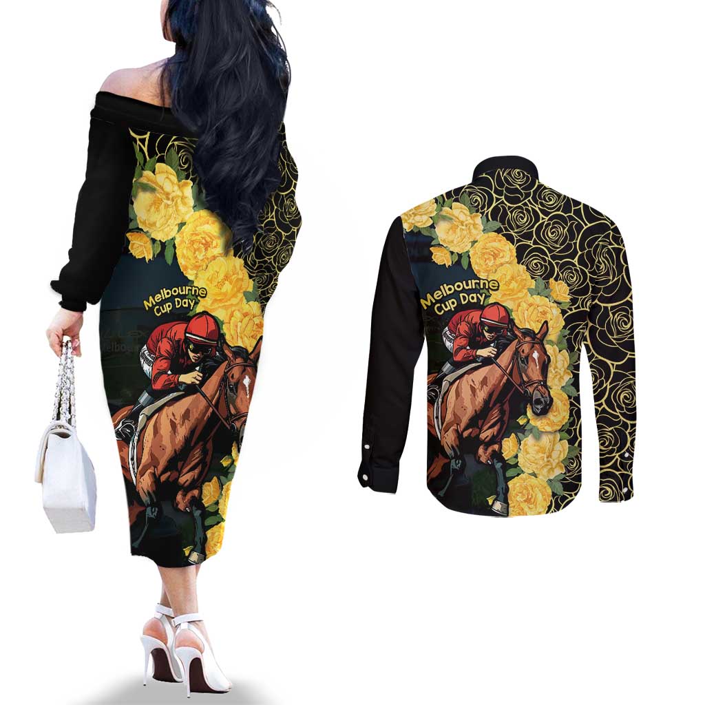 Melbourne Horse Racing Couples Matching Off The Shoulder Long Sleeve Dress and Long Sleeve Button Shirt Yellow Roses - Ready Set Gallop! LT14