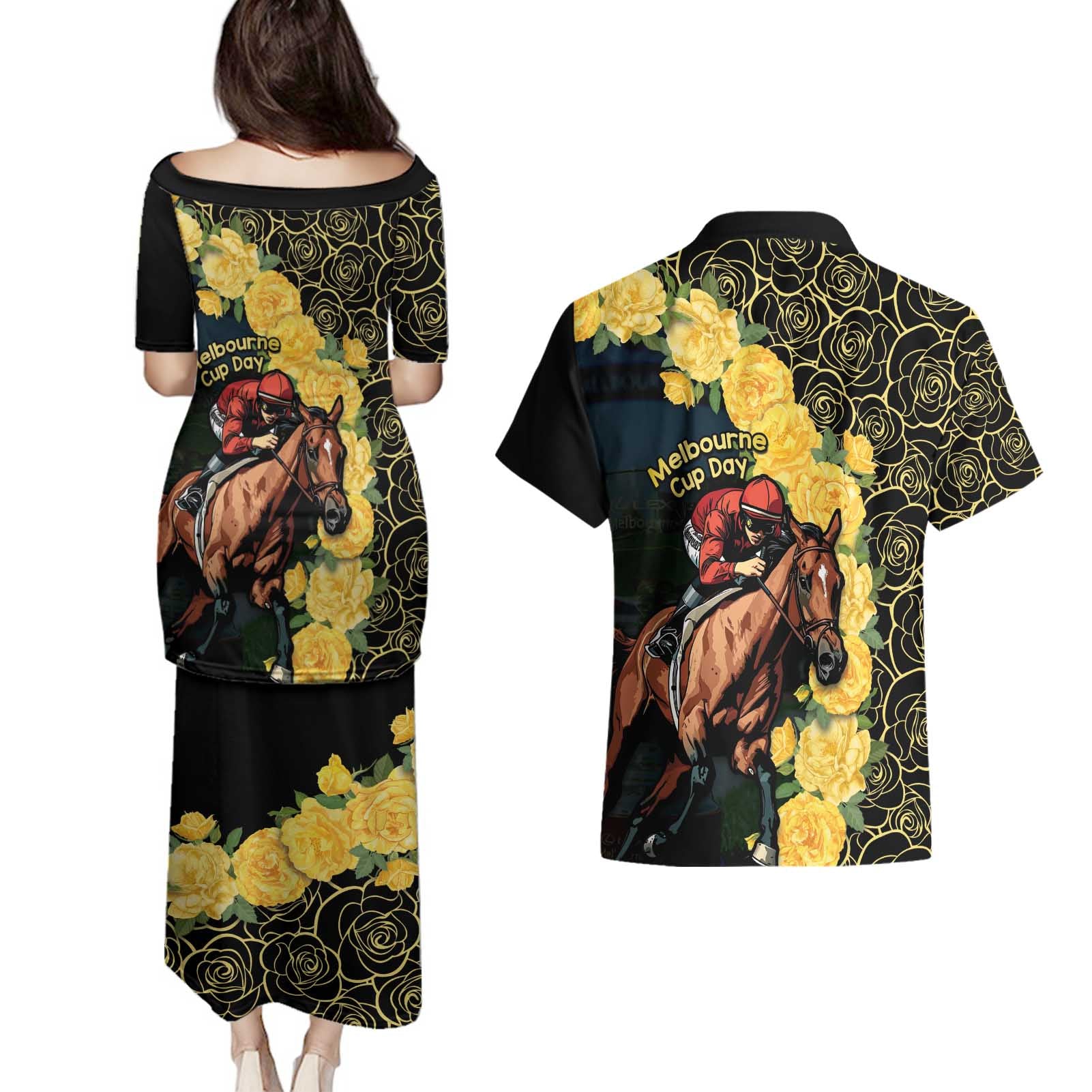 Melbourne Horse Racing Couples Matching Puletasi and Hawaiian Shirt Yellow Roses - Ready Set Gallop! LT14