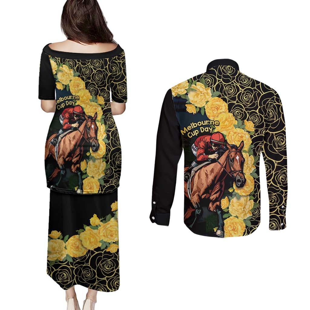 Melbourne Horse Racing Couples Matching Puletasi and Long Sleeve Button Shirt Yellow Roses - Ready Set Gallop! LT14