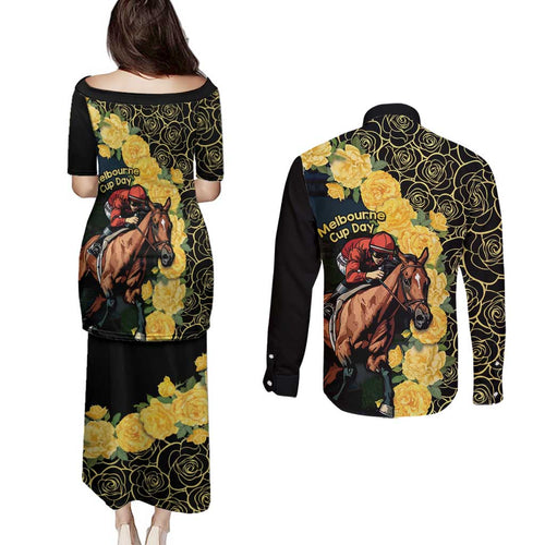 Melbourne Horse Racing Couples Matching Puletasi and Long Sleeve Button Shirt Yellow Roses - Ready Set Gallop! LT14