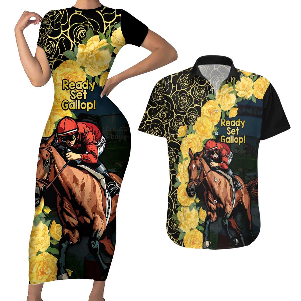 Melbourne Horse Racing Couples Matching Short Sleeve Bodycon Dress and Hawaiian Shirt Yellow Roses - Ready Set Gallop! LT14