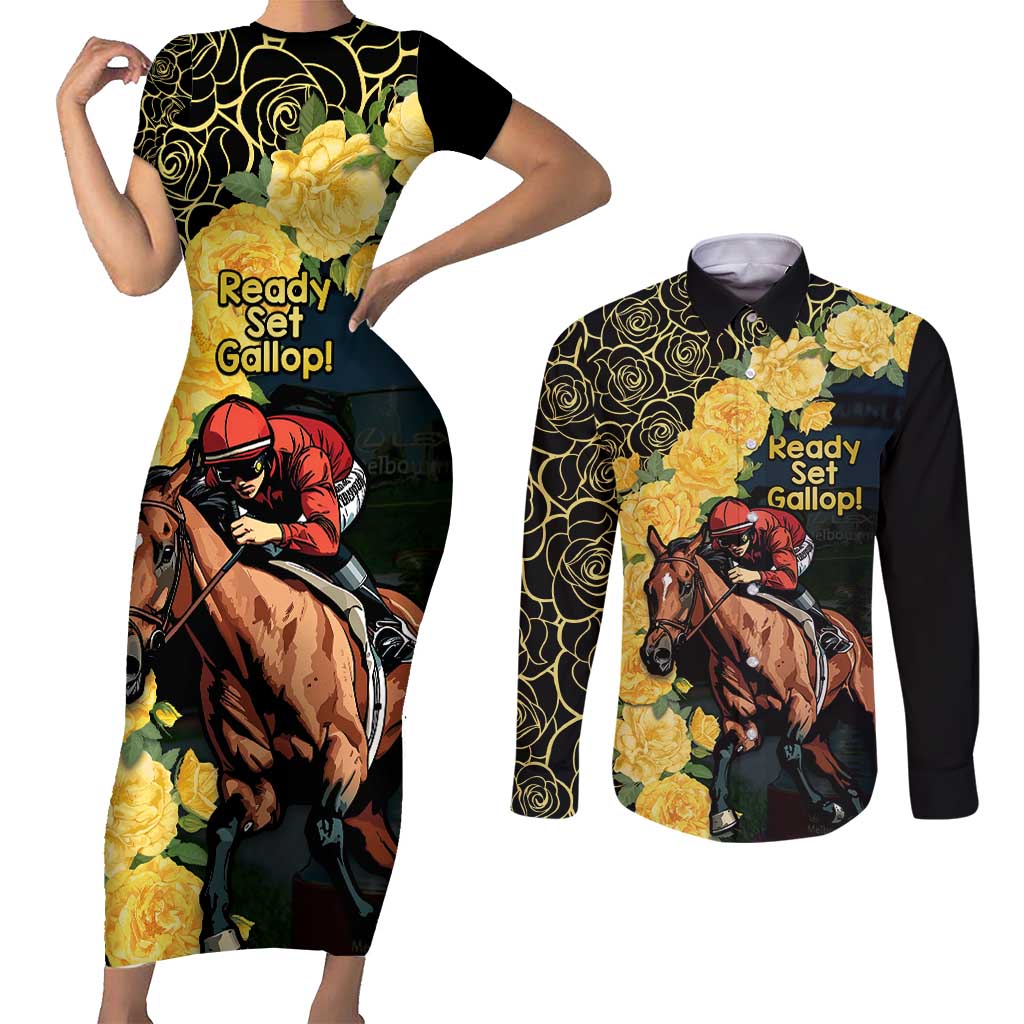 Melbourne Horse Racing Couples Matching Short Sleeve Bodycon Dress and Long Sleeve Button Shirt Yellow Roses - Ready Set Gallop! LT14