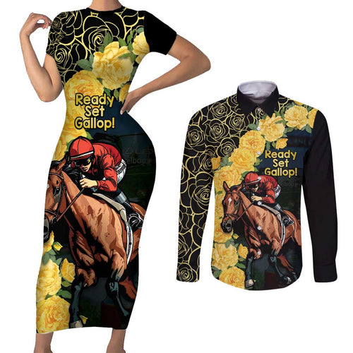 Melbourne Horse Racing Couples Matching Short Sleeve Bodycon Dress and Long Sleeve Button Shirt Yellow Roses - Ready Set Gallop! LT14