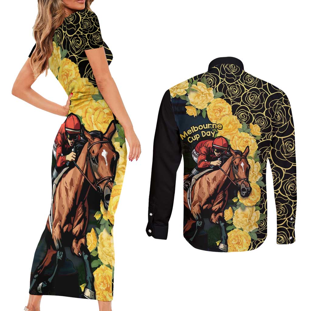 Melbourne Horse Racing Couples Matching Short Sleeve Bodycon Dress and Long Sleeve Button Shirt Yellow Roses - Ready Set Gallop! LT14