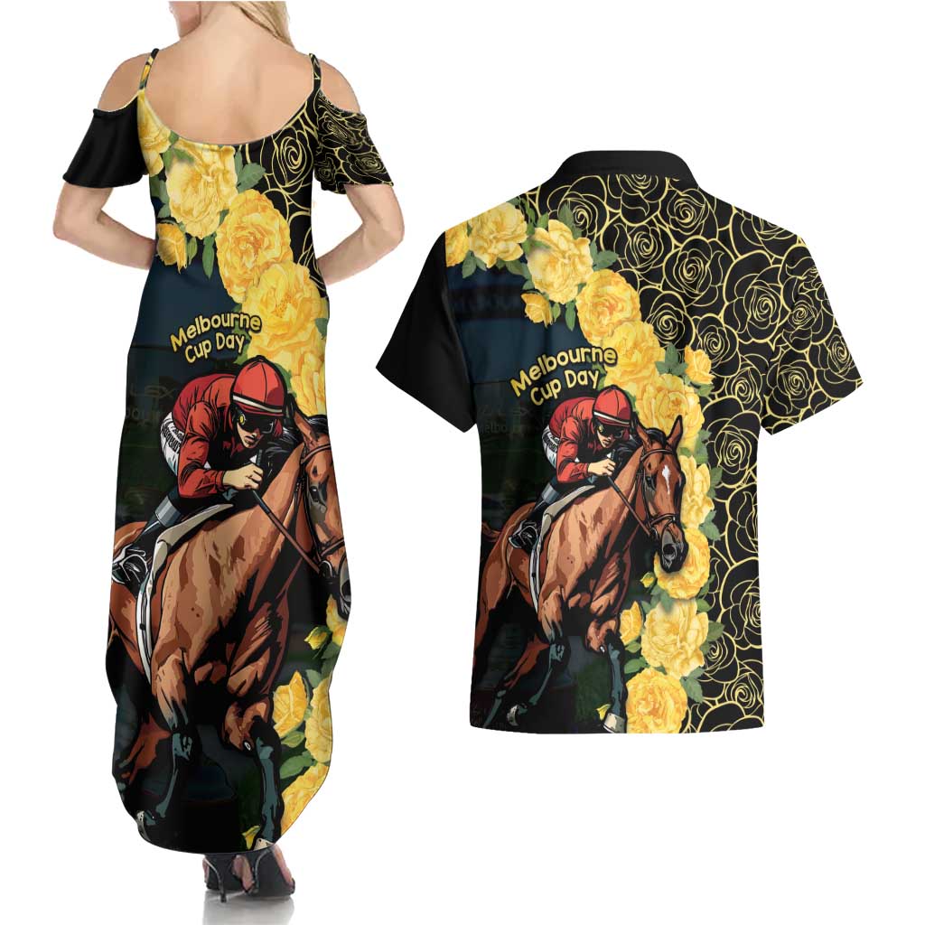 Melbourne Horse Racing Couples Matching Summer Maxi Dress and Hawaiian Shirt Yellow Roses - Ready Set Gallop! LT14