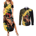 Melbourne Horse Racing Couples Matching Summer Maxi Dress and Long Sleeve Button Shirt Yellow Roses - Ready Set Gallop! LT14