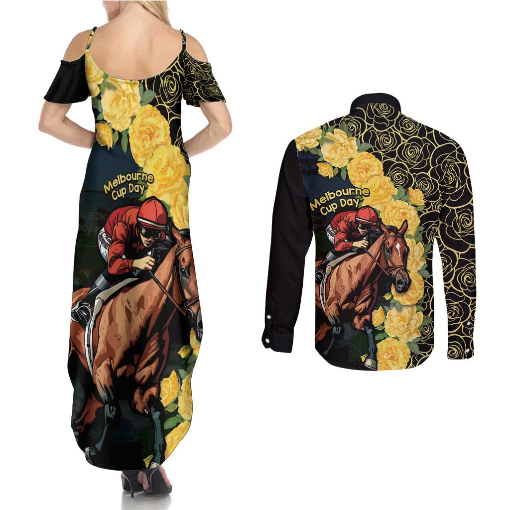 Melbourne Horse Racing Couples Matching Summer Maxi Dress and Long Sleeve Button Shirt Yellow Roses - Ready Set Gallop! LT14