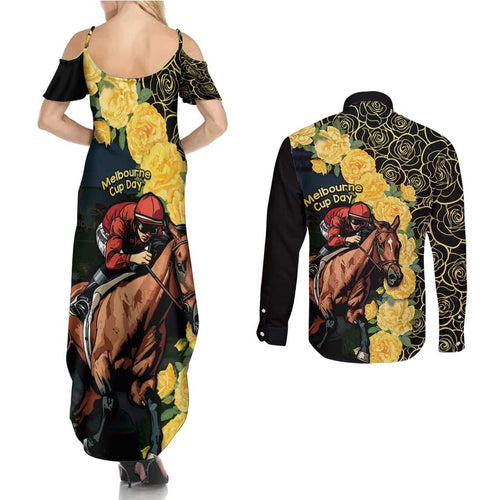 Melbourne Horse Racing Couples Matching Summer Maxi Dress and Long Sleeve Button Shirt Yellow Roses - Ready Set Gallop! LT14