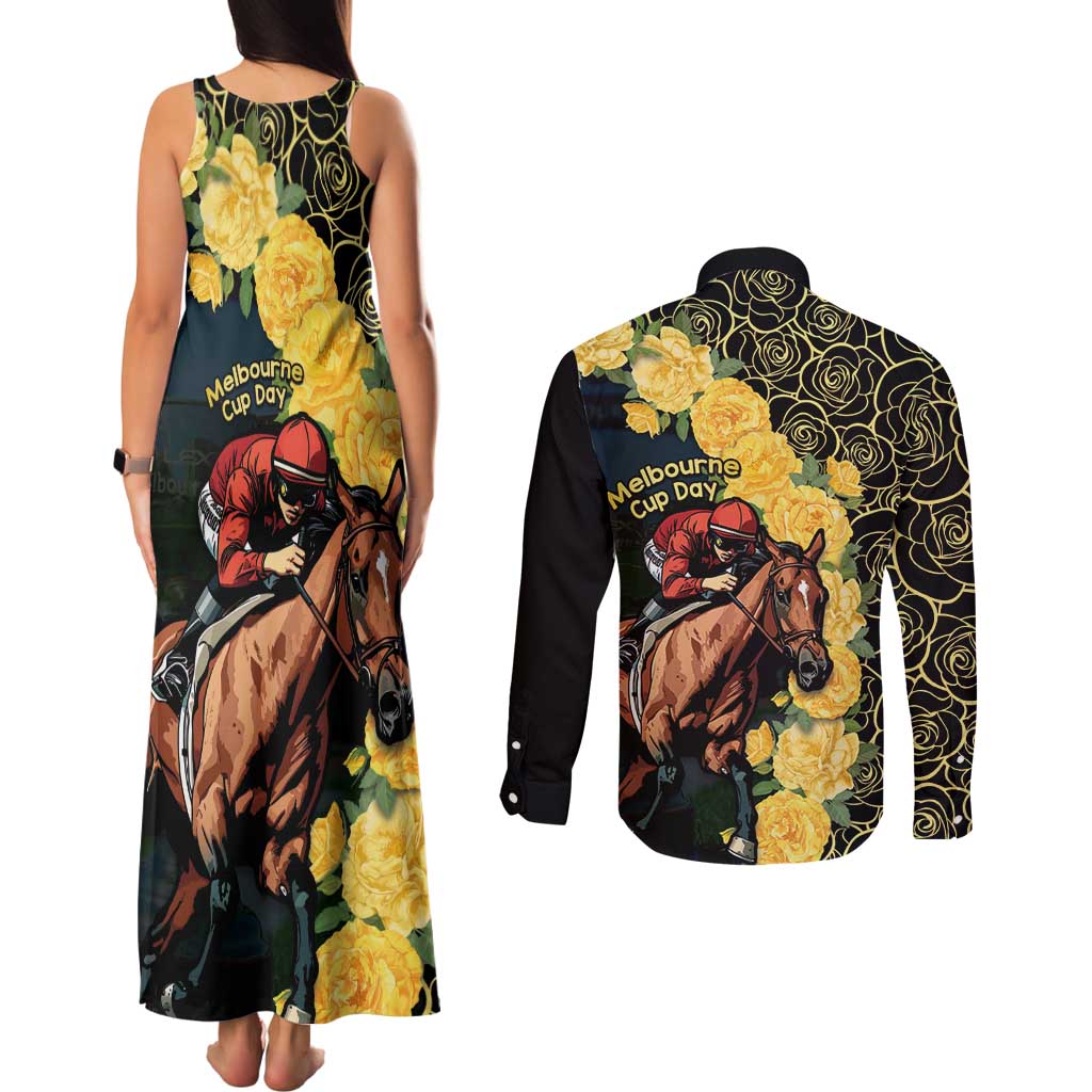 Melbourne Horse Racing Couples Matching Tank Maxi Dress and Long Sleeve Button Shirt Yellow Roses - Ready Set Gallop! LT14