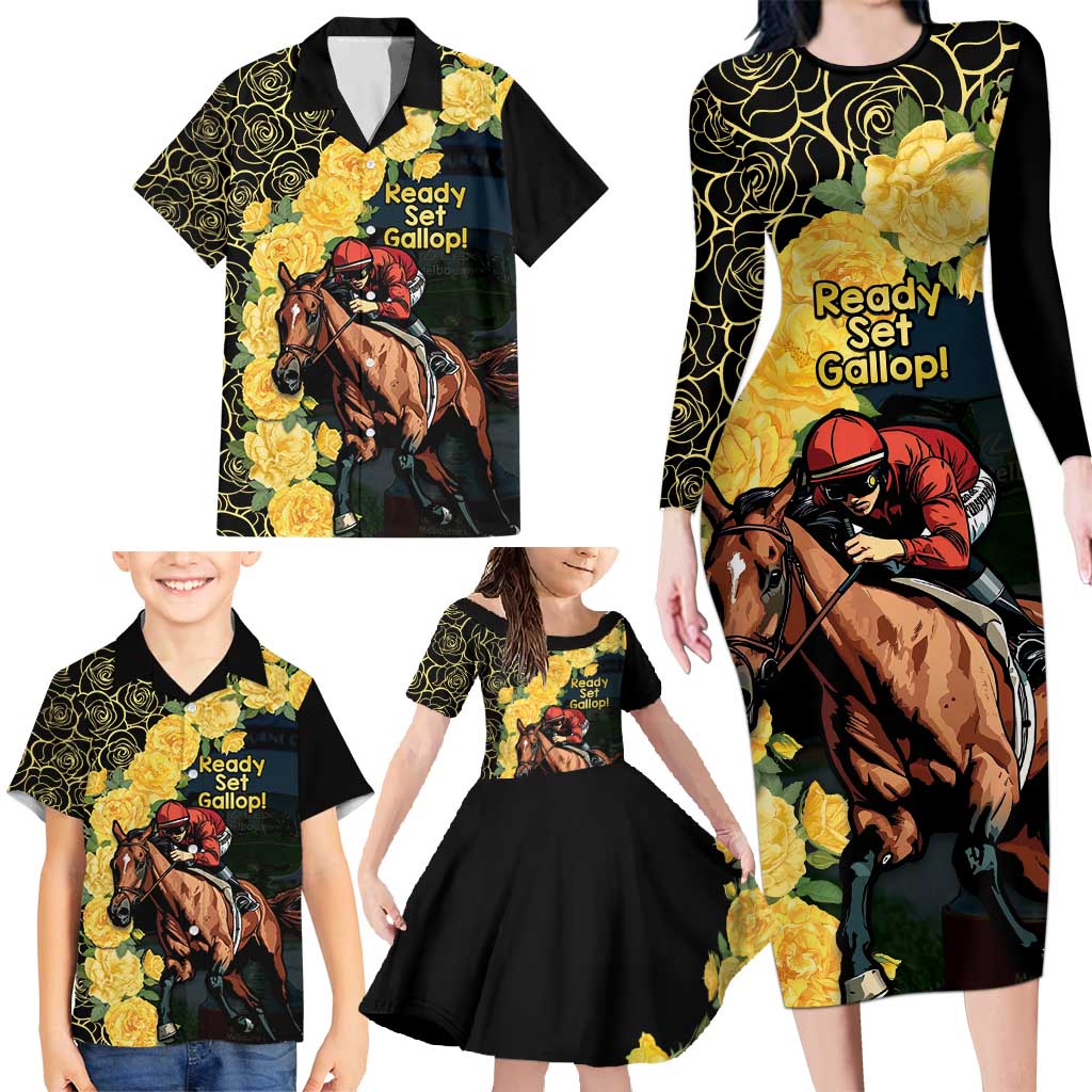 Melbourne Horse Racing Family Matching Long Sleeve Bodycon Dress and Hawaiian Shirt Yellow Roses - Ready Set Gallop! LT14