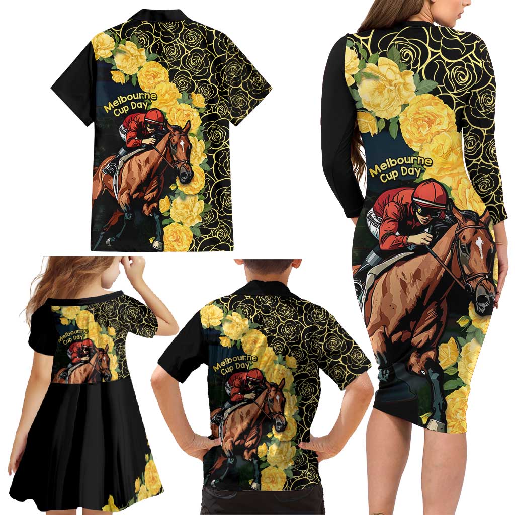 Melbourne Horse Racing Family Matching Long Sleeve Bodycon Dress and Hawaiian Shirt Yellow Roses - Ready Set Gallop! LT14
