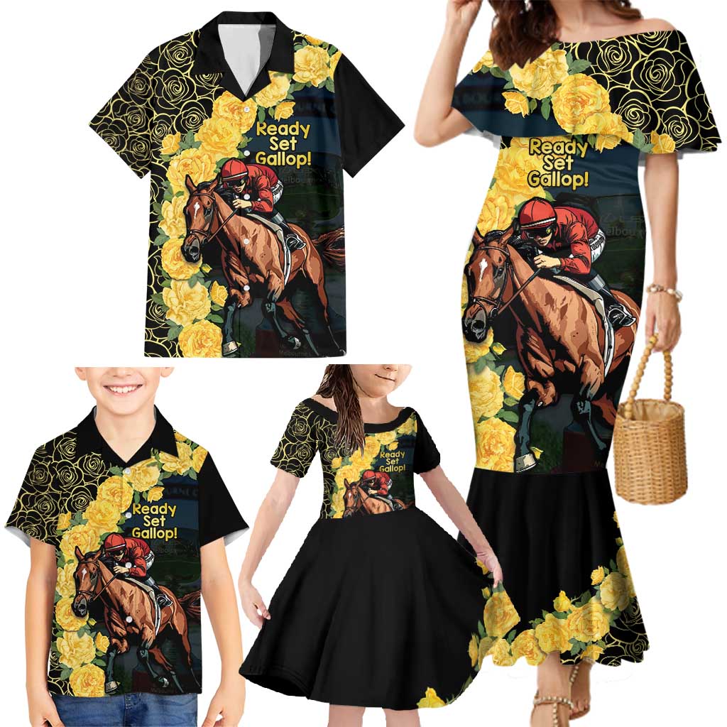 Melbourne Horse Racing Family Matching Mermaid Dress and Hawaiian Shirt Yellow Roses - Ready Set Gallop! LT14