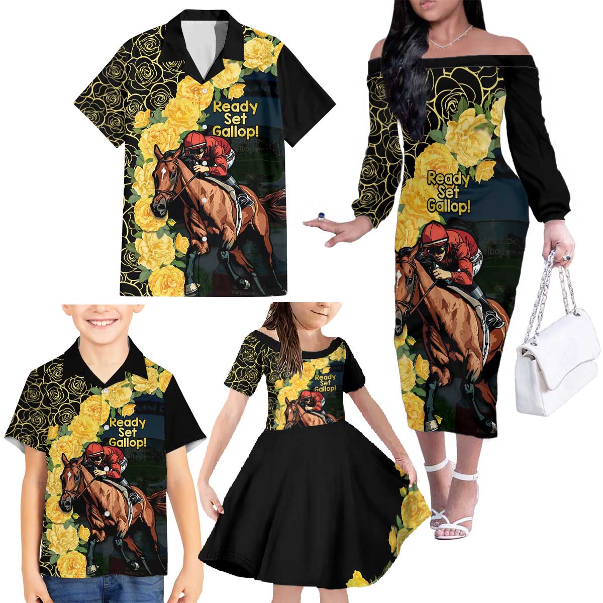 Melbourne Horse Racing Family Matching Off The Shoulder Long Sleeve Dress and Hawaiian Shirt Yellow Roses - Ready Set Gallop! LT14