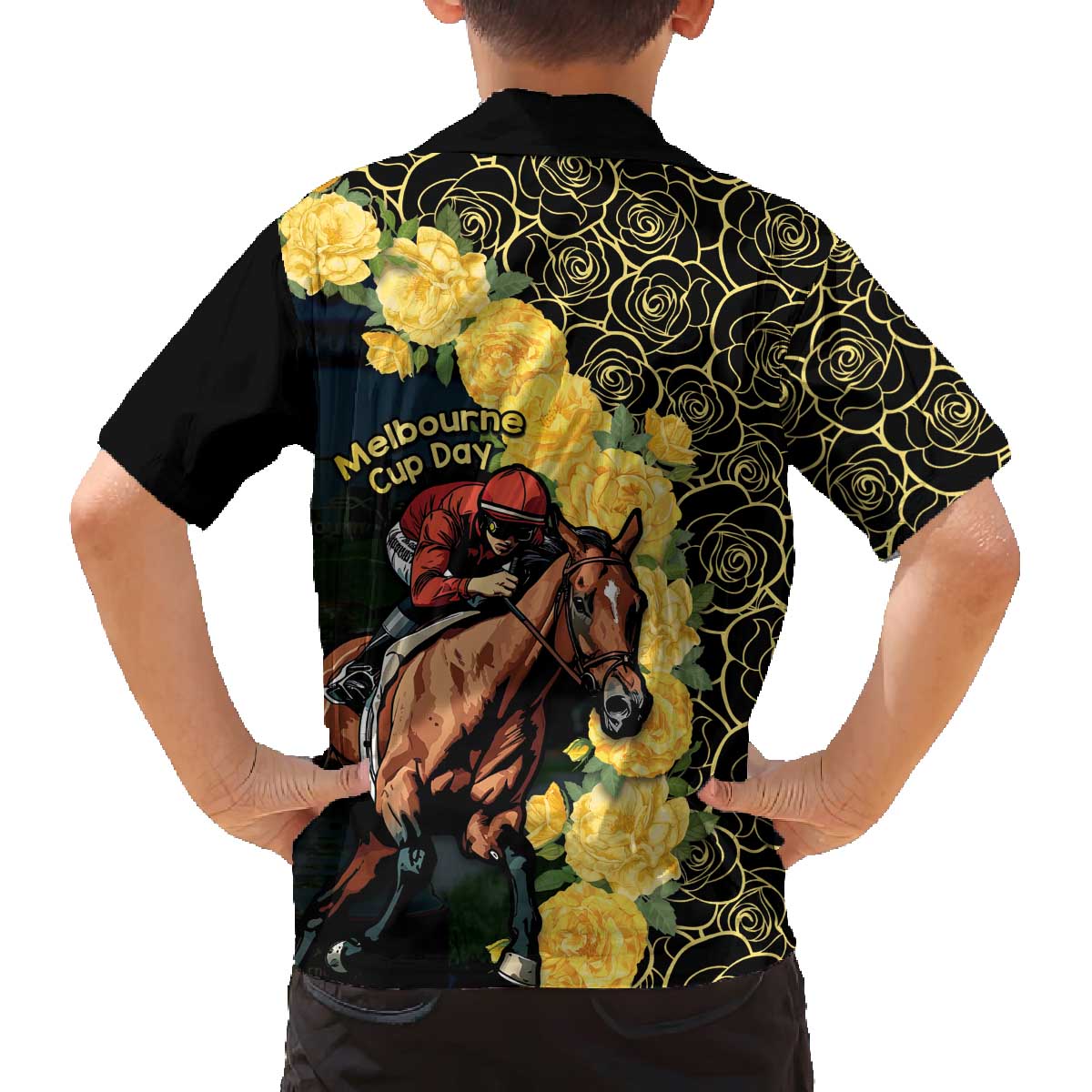 Melbourne Horse Racing Family Matching Off The Shoulder Long Sleeve Dress and Hawaiian Shirt Yellow Roses - Ready Set Gallop! LT14