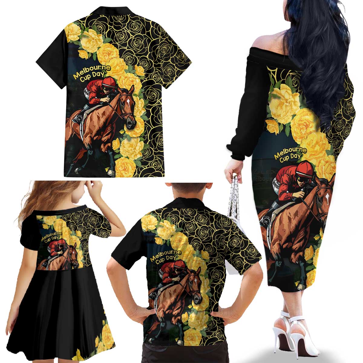 Melbourne Horse Racing Family Matching Off The Shoulder Long Sleeve Dress and Hawaiian Shirt Yellow Roses - Ready Set Gallop! LT14
