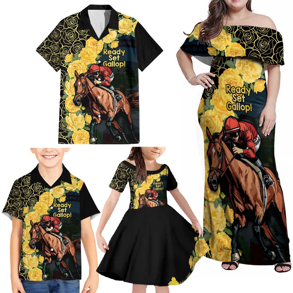 Melbourne Horse Racing Family Matching Off Shoulder Maxi Dress and Hawaiian Shirt Yellow Roses - Ready Set Gallop! LT14