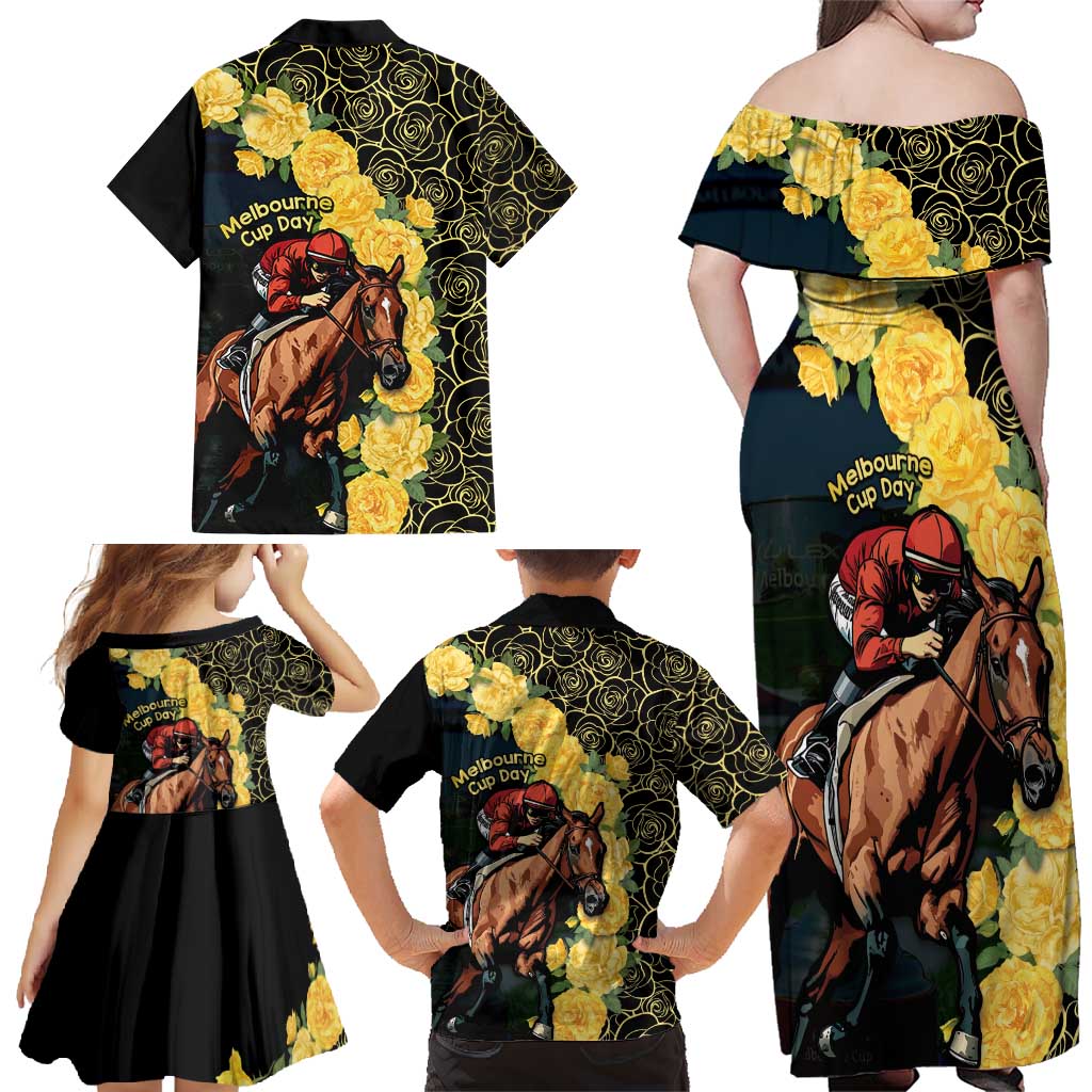 Melbourne Horse Racing Family Matching Off Shoulder Maxi Dress and Hawaiian Shirt Yellow Roses - Ready Set Gallop! LT14