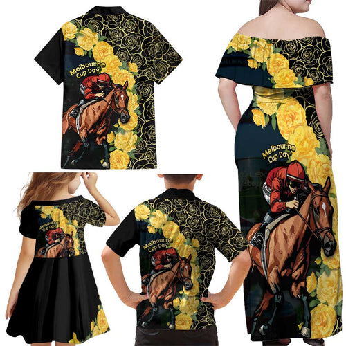 Melbourne Horse Racing Family Matching Off Shoulder Maxi Dress and Hawaiian Shirt Yellow Roses - Ready Set Gallop! LT14