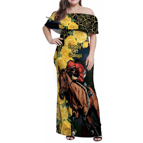 Melbourne Horse Racing Family Matching Off Shoulder Maxi Dress and Hawaiian Shirt Yellow Roses - Ready Set Gallop! LT14