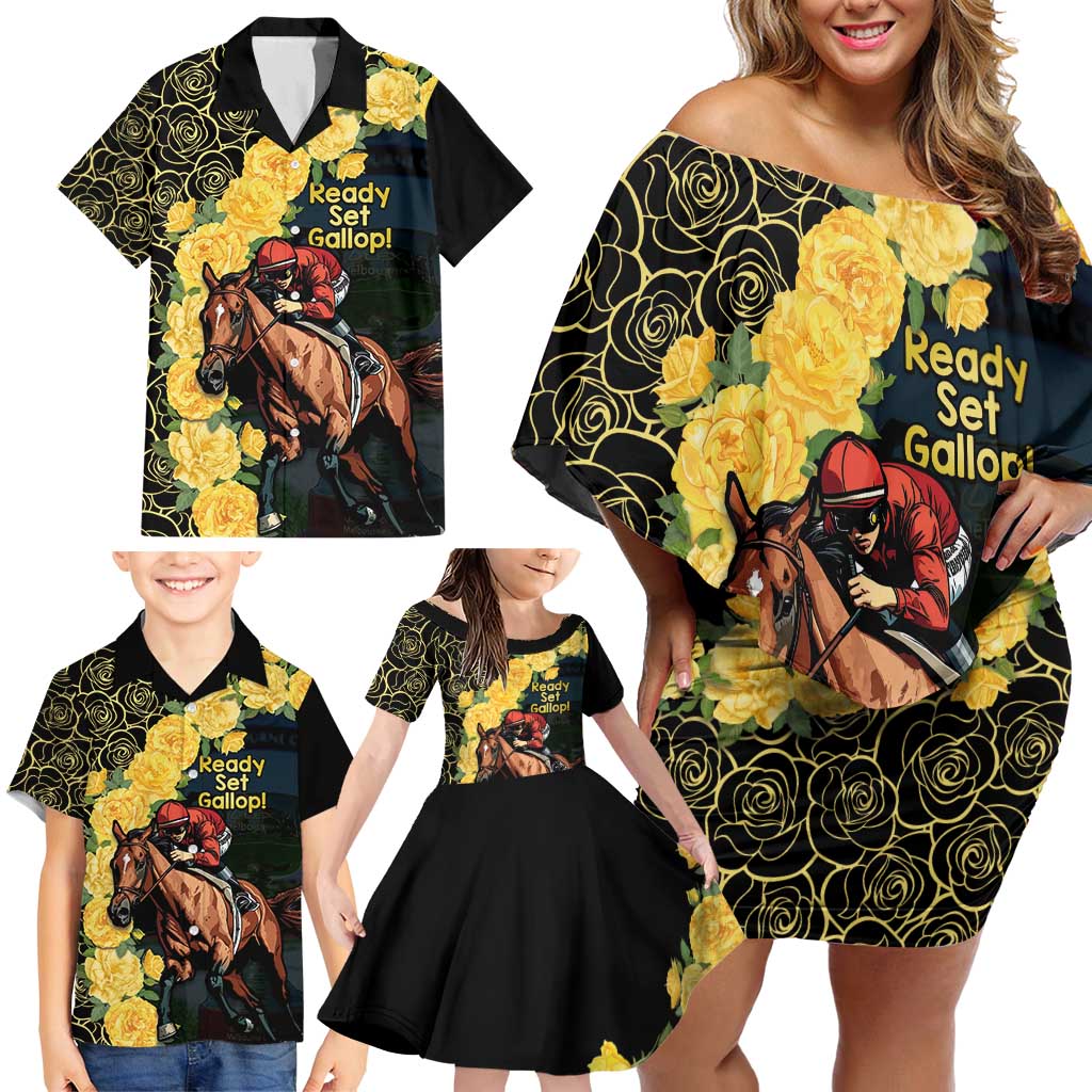 Melbourne Horse Racing Family Matching Off Shoulder Short Dress and Hawaiian Shirt Yellow Roses - Ready Set Gallop! LT14