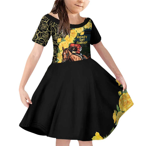 Melbourne Horse Racing Family Matching Off Shoulder Short Dress and Hawaiian Shirt Yellow Roses - Ready Set Gallop! LT14