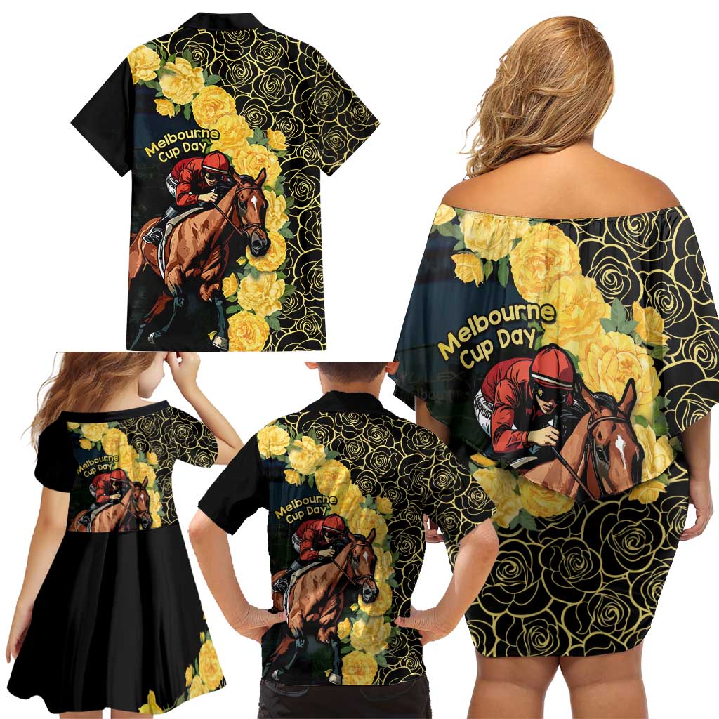 Melbourne Horse Racing Family Matching Off Shoulder Short Dress and Hawaiian Shirt Yellow Roses - Ready Set Gallop! LT14
