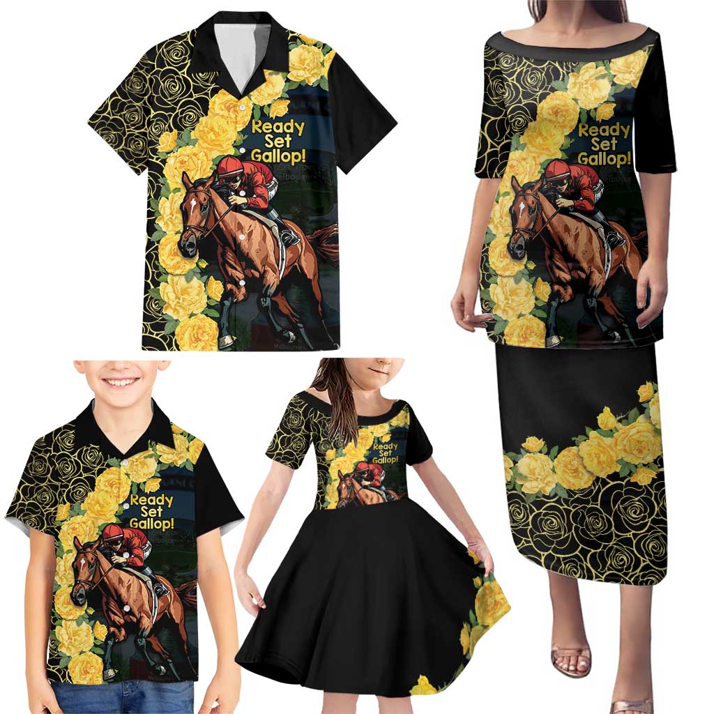 Melbourne Horse Racing Family Matching Puletasi and Hawaiian Shirt Yellow Roses - Ready Set Gallop! LT14