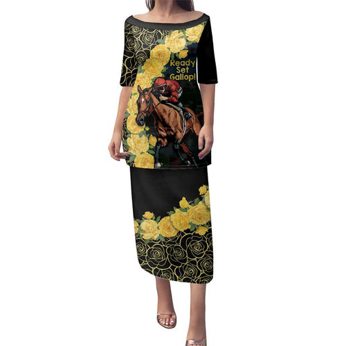Melbourne Horse Racing Family Matching Puletasi and Hawaiian Shirt Yellow Roses - Ready Set Gallop! LT14
