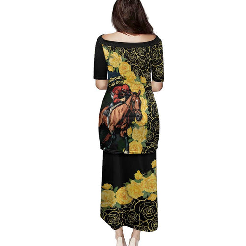 Melbourne Horse Racing Family Matching Puletasi and Hawaiian Shirt Yellow Roses - Ready Set Gallop! LT14