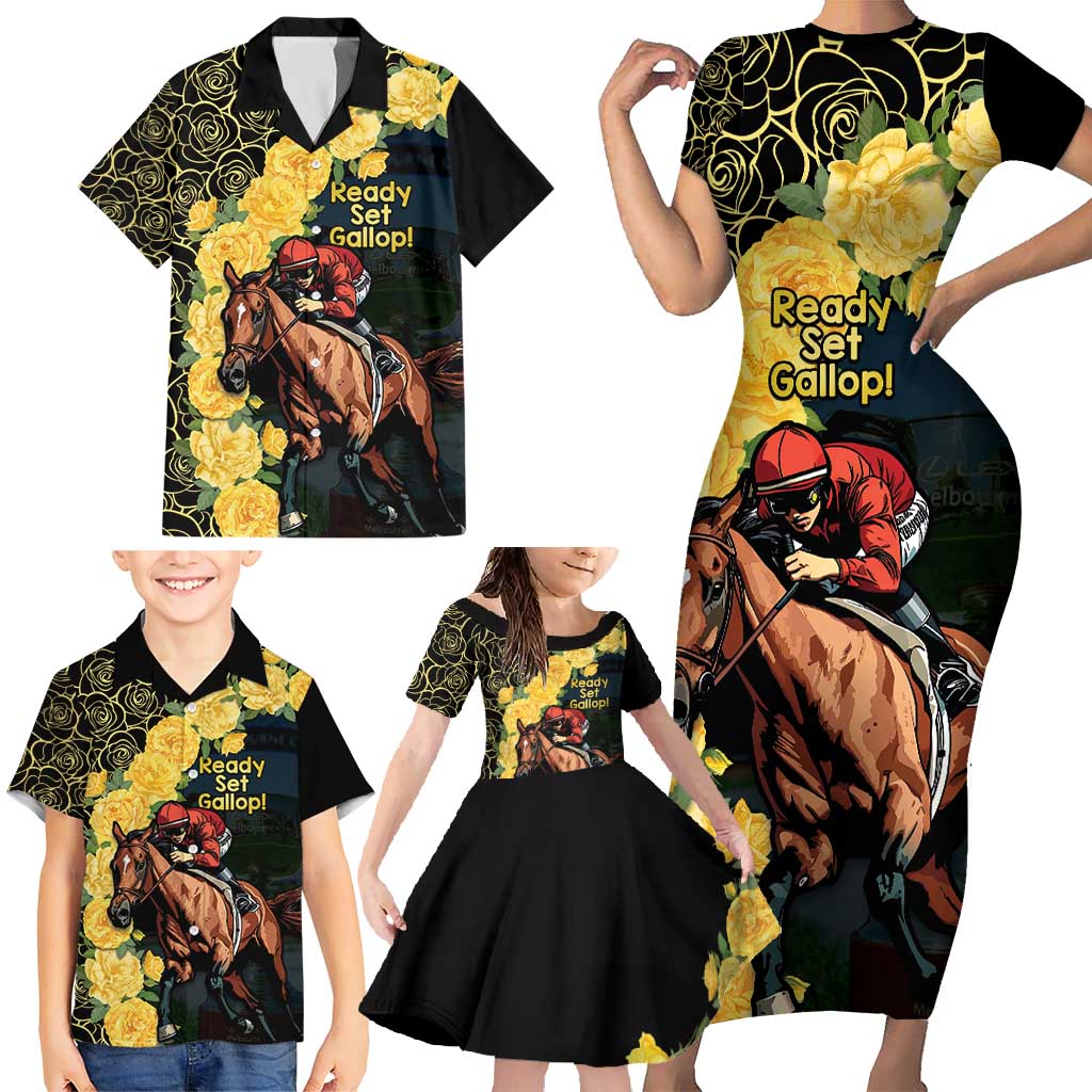 Melbourne Horse Racing Family Matching Short Sleeve Bodycon Dress and Hawaiian Shirt Yellow Roses - Ready Set Gallop! LT14