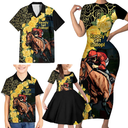 Melbourne Horse Racing Family Matching Short Sleeve Bodycon Dress and Hawaiian Shirt Yellow Roses - Ready Set Gallop! LT14