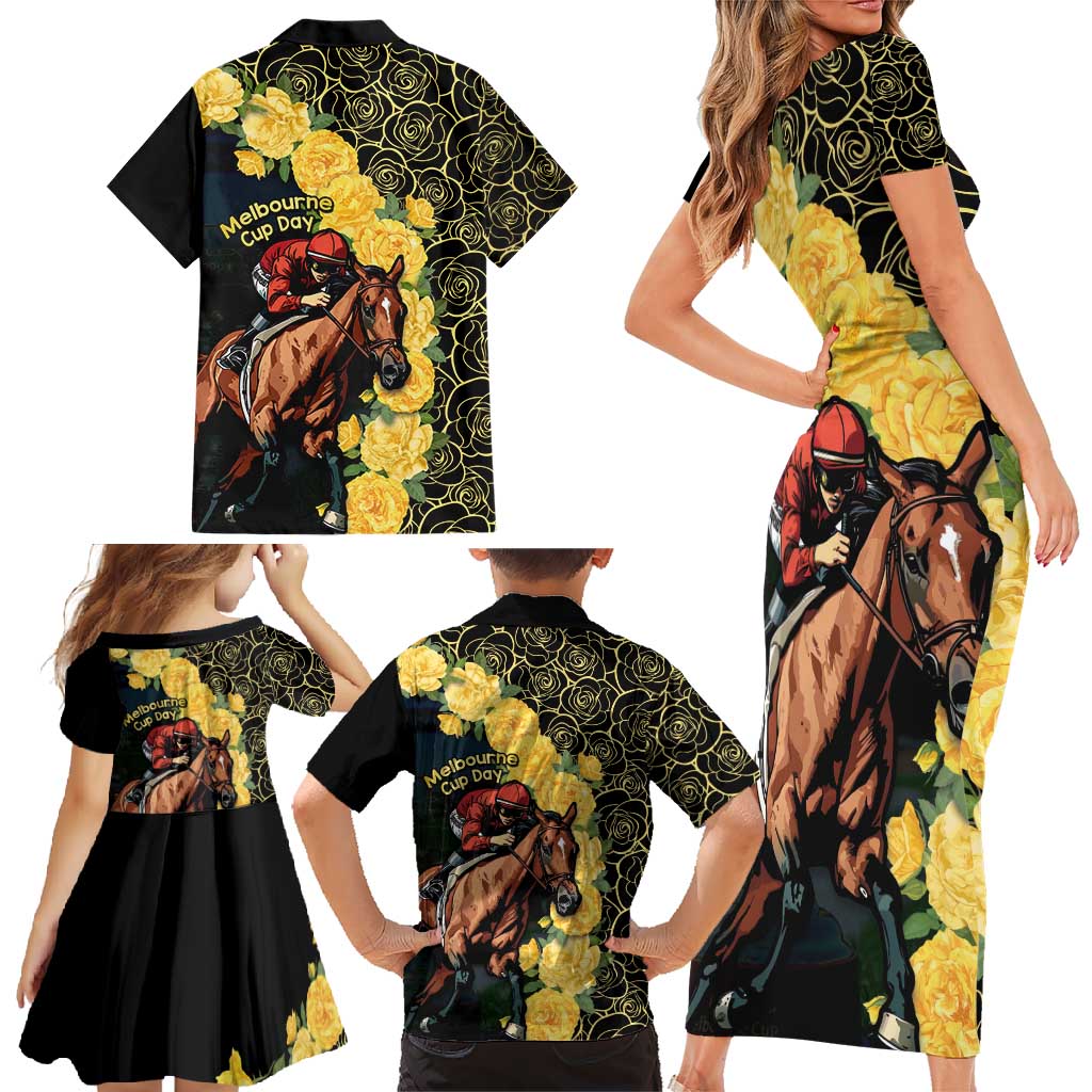 Melbourne Horse Racing Family Matching Short Sleeve Bodycon Dress and Hawaiian Shirt Yellow Roses - Ready Set Gallop! LT14