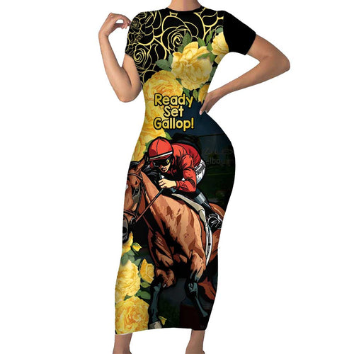 Melbourne Horse Racing Family Matching Short Sleeve Bodycon Dress and Hawaiian Shirt Yellow Roses - Ready Set Gallop! LT14