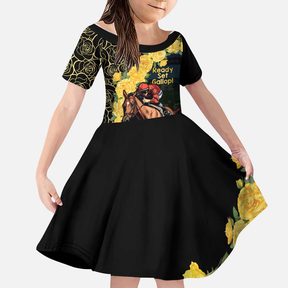 Melbourne Horse Racing Kid Short Sleeve Dress Yellow Roses - Ready Set Gallop! LT14