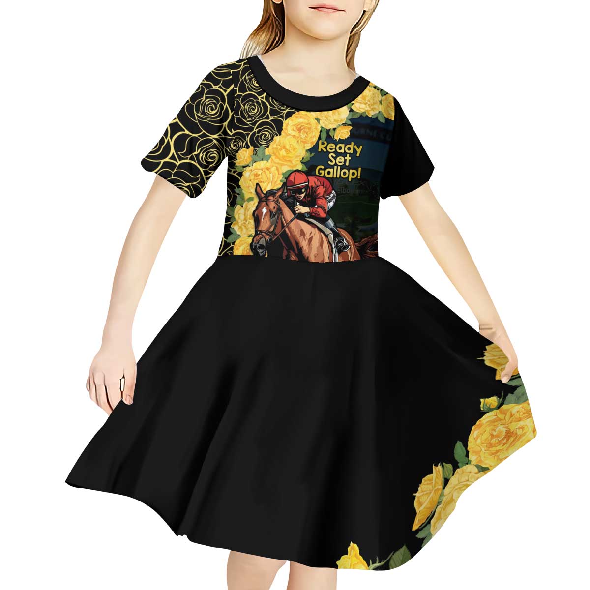 Melbourne Horse Racing Kid Short Sleeve Dress Yellow Roses - Ready Set Gallop! LT14