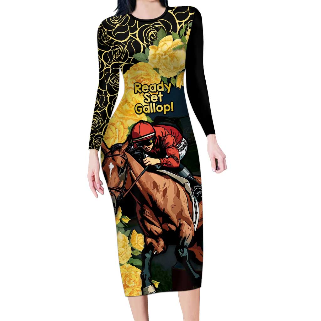 Melbourne Horse Racing Long Sleeve Bodycon Dress Yellow Roses - Ready Set Gallop! LT14
