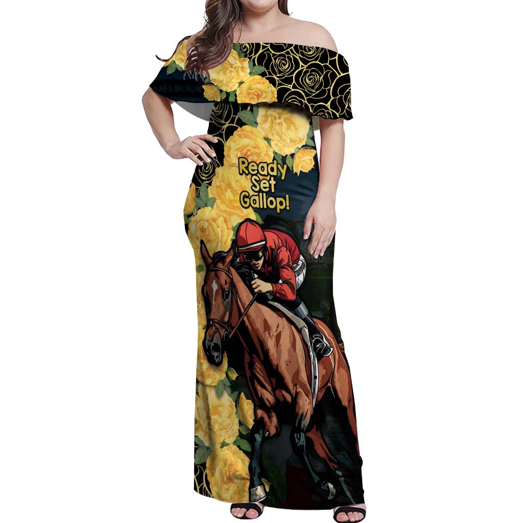 Melbourne Horse Racing Off Shoulder Maxi Dress Yellow Roses - Ready Set Gallop! LT14