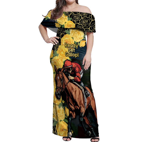 Melbourne Horse Racing Off Shoulder Maxi Dress Yellow Roses - Ready Set Gallop! LT14