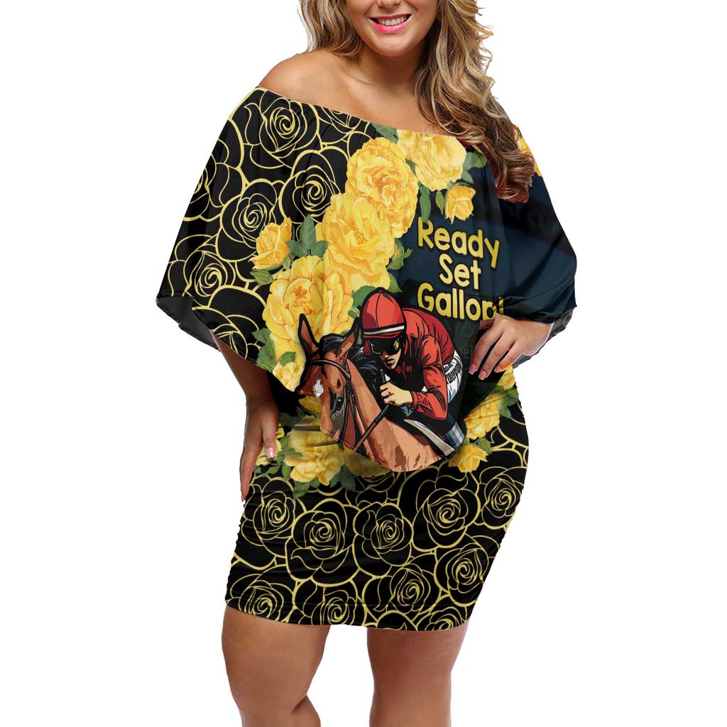 Melbourne Horse Racing Off Shoulder Short Dress Yellow Roses - Ready Set Gallop! LT14